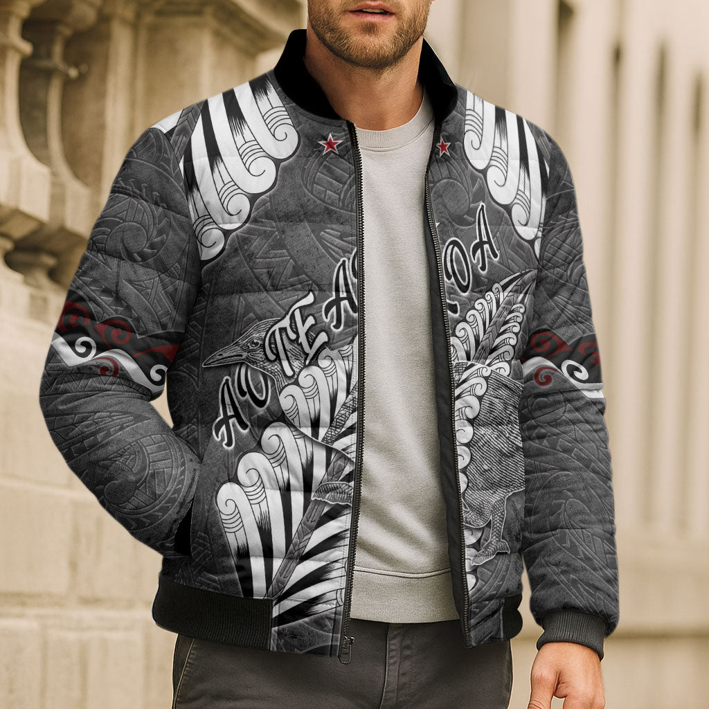 New Zealand Weka Personalised Bomber Puffer Jacket Aotearoa Hen Silver Fern Maori Pattern LT22 - Polynesian Pride
