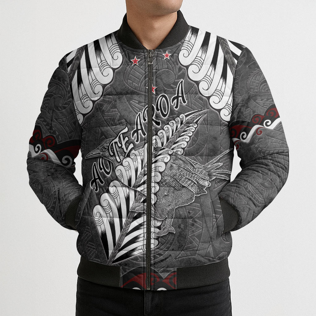New Zealand Weka Personalised Bomber Puffer Jacket Aotearoa Hen Silver Fern Maori Pattern LT22 - Polynesian Pride
