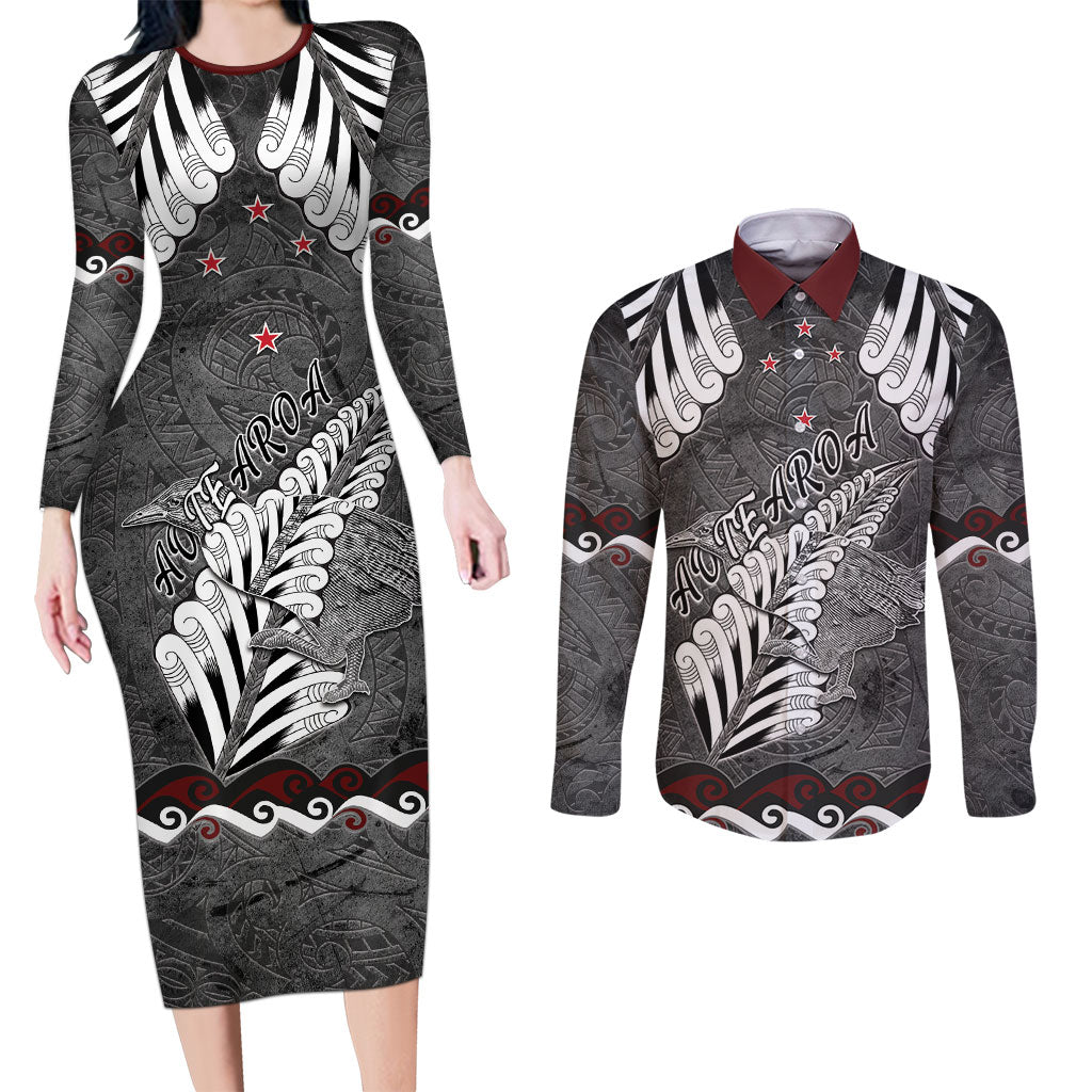 New Zealand Weka Personalised Couples Matching Long Sleeve Bodycon Dress and Long Sleeve Button Shirt Aotearoa Hen Silver Fern Maori Pattern LT22 Black - Polynesian Pride