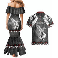 New Zealand Weka Personalised Couples Matching Mermaid Dress and Hawaiian Shirt Aotearoa Hen Silver Fern Maori Pattern LT22 - Polynesian Pride