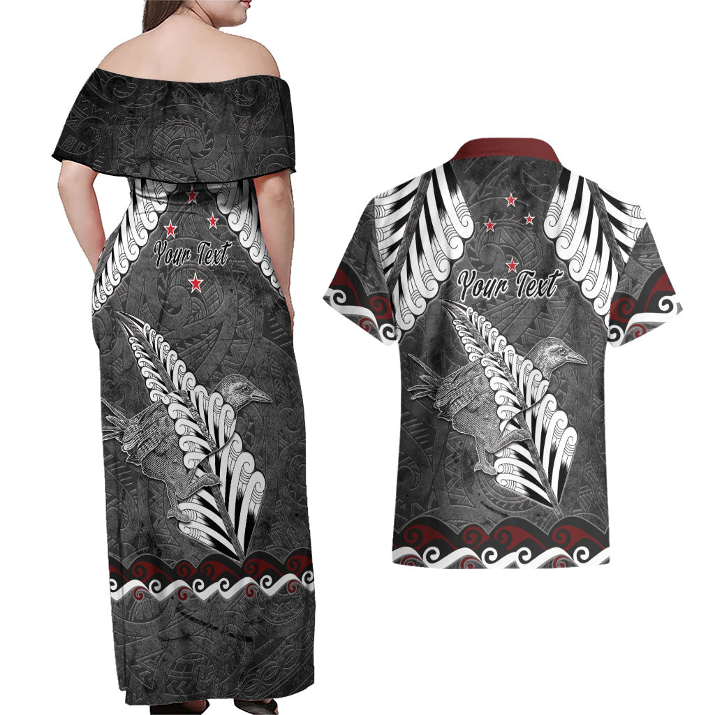 New Zealand Weka Personalised Couples Matching Off Shoulder Maxi Dress and Hawaiian Shirt Aotearoa Hen Silver Fern Maori Pattern LT22 - Polynesian Pride