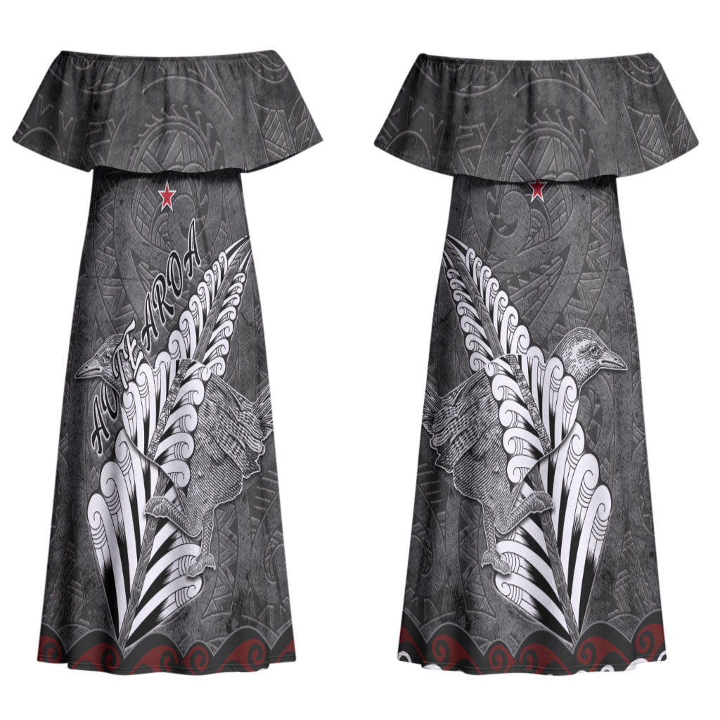 New Zealand Weka Personalised Couples Matching Off Shoulder Maxi Dress and Long Sleeve Button Shirt Aotearoa Hen Silver Fern Maori Pattern LT22 - Polynesian Pride