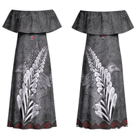 New Zealand Weka Personalised Couples Matching Off Shoulder Maxi Dress and Long Sleeve Button Shirt Aotearoa Hen Silver Fern Maori Pattern LT22 - Polynesian Pride