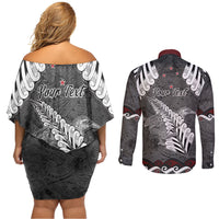 New Zealand Weka Personalised Couples Matching Off Shoulder Short Dress and Long Sleeve Button Shirt Aotearoa Hen Silver Fern Maori Pattern