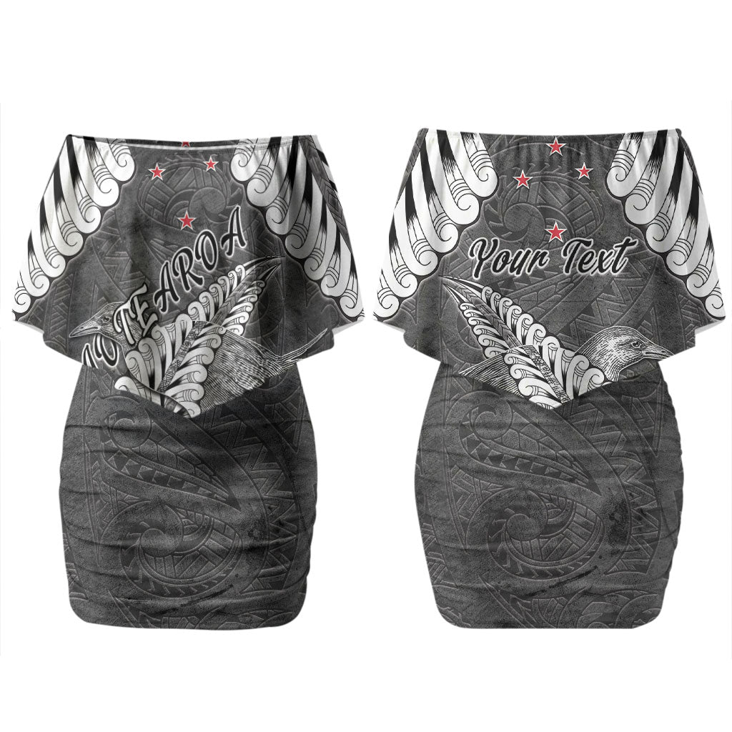 New Zealand Weka Personalised Couples Matching Off Shoulder Short Dress and Long Sleeve Button Shirt Aotearoa Hen Silver Fern Maori Pattern LT22 - Polynesian Pride