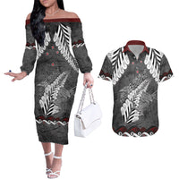 New Zealand Weka Personalised Couples Matching Off The Shoulder Long Sleeve Dress and Hawaiian Shirt Aotearoa Hen Silver Fern Maori Pattern LT22 Black - Polynesian Pride