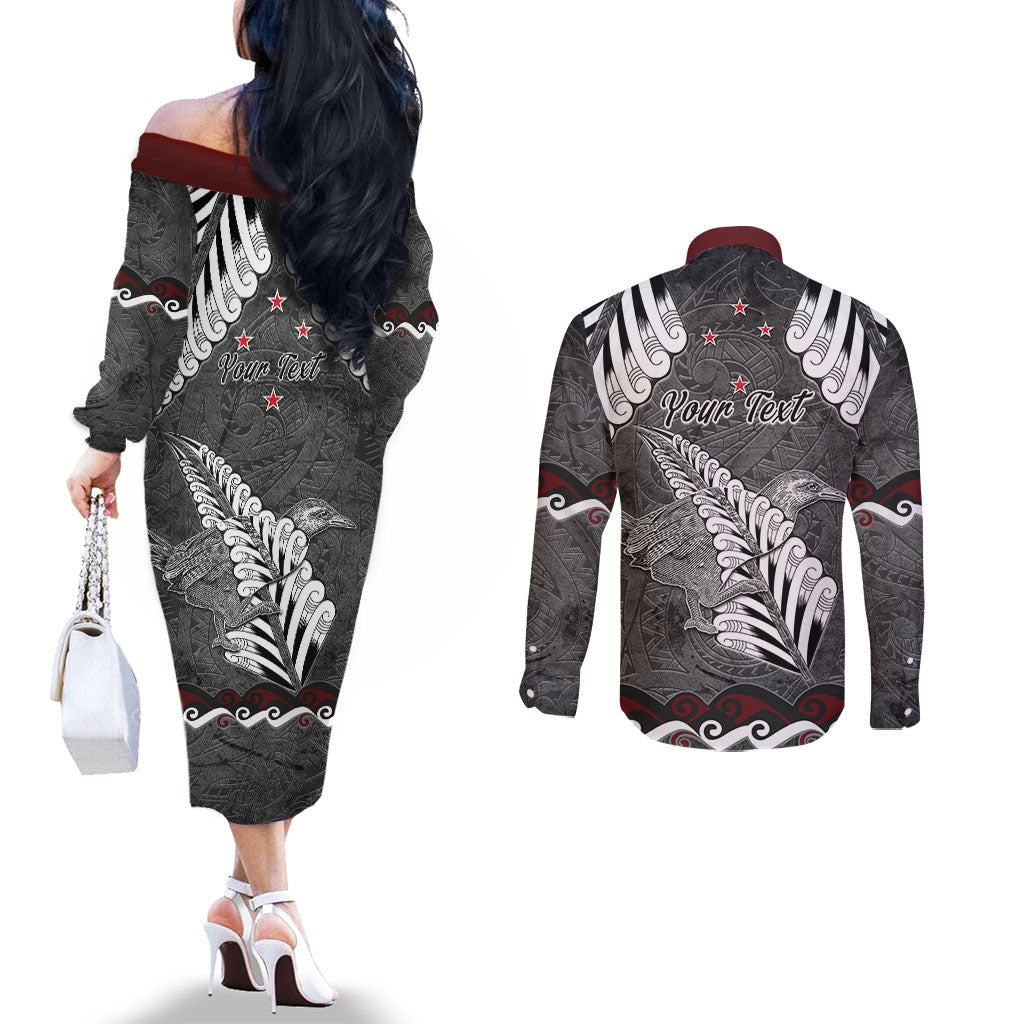 New Zealand Weka Personalised Couples Matching Off The Shoulder Long Sleeve Dress and Long Sleeve Button Shirt Aotearoa Hen Silver Fern Maori Pattern LT22 - Polynesian Pride