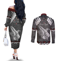 New Zealand Weka Personalised Couples Matching Off The Shoulder Long Sleeve Dress and Long Sleeve Button Shirt Aotearoa Hen Silver Fern Maori Pattern LT22 - Polynesian Pride
