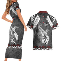 New Zealand Weka Personalised Couples Matching Short Sleeve Bodycon Dress and Hawaiian Shirt Aotearoa Hen Silver Fern Maori Pattern LT22 - Polynesian Pride