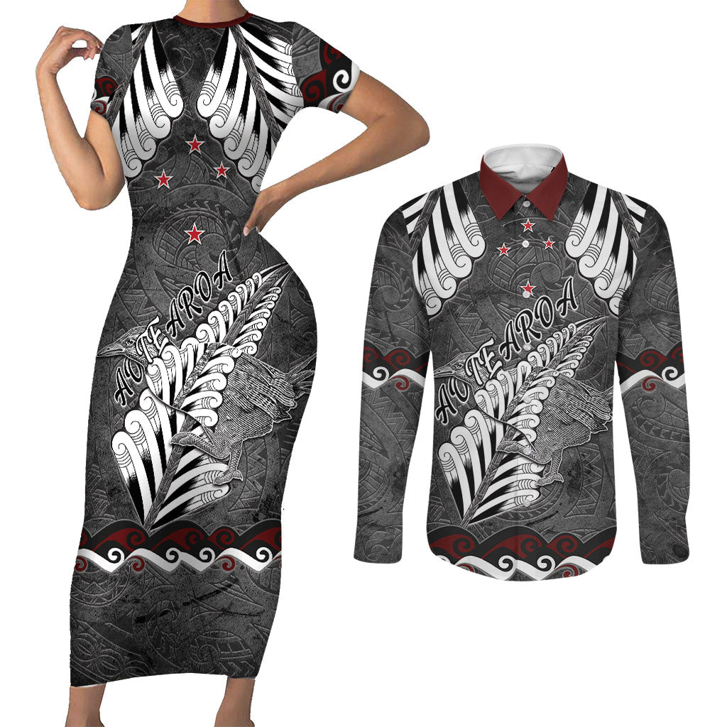 New Zealand Weka Personalised Couples Matching Short Sleeve Bodycon Dress and Long Sleeve Button Shirt Aotearoa Hen Silver Fern Maori Pattern LT22 Black - Polynesian Pride