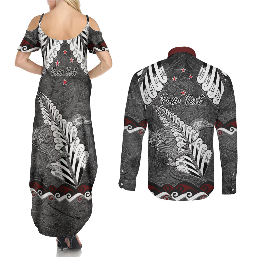 New Zealand Weka Personalised Couples Matching Summer Maxi Dress and Long Sleeve Button Shirt Aotearoa Hen Silver Fern Maori Pattern