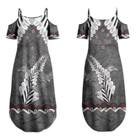 New Zealand Weka Personalised Couples Matching Summer Maxi Dress and Long Sleeve Button Shirt Aotearoa Hen Silver Fern Maori Pattern LT22 - Polynesian Pride