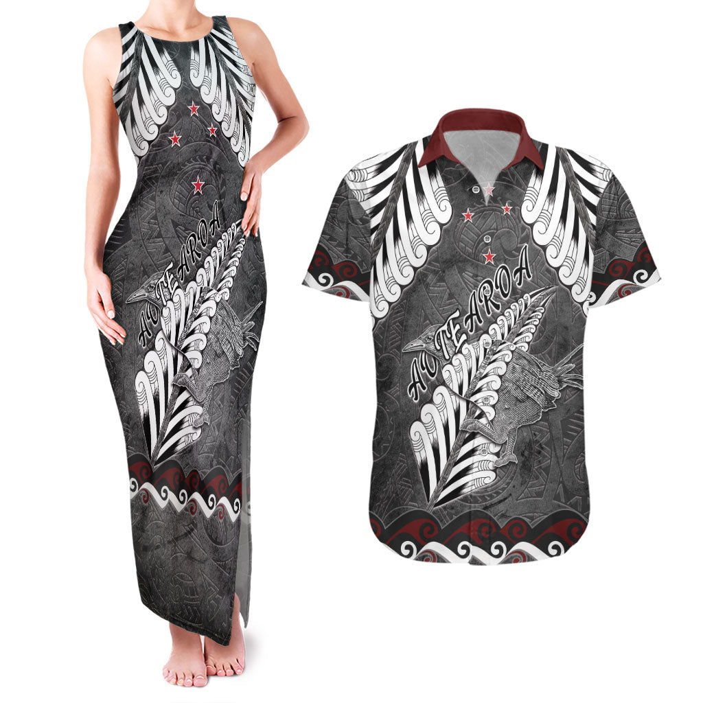 New Zealand Weka Personalised Couples Matching Tank Maxi Dress and Hawaiian Shirt Aotearoa Hen Silver Fern Maori Pattern