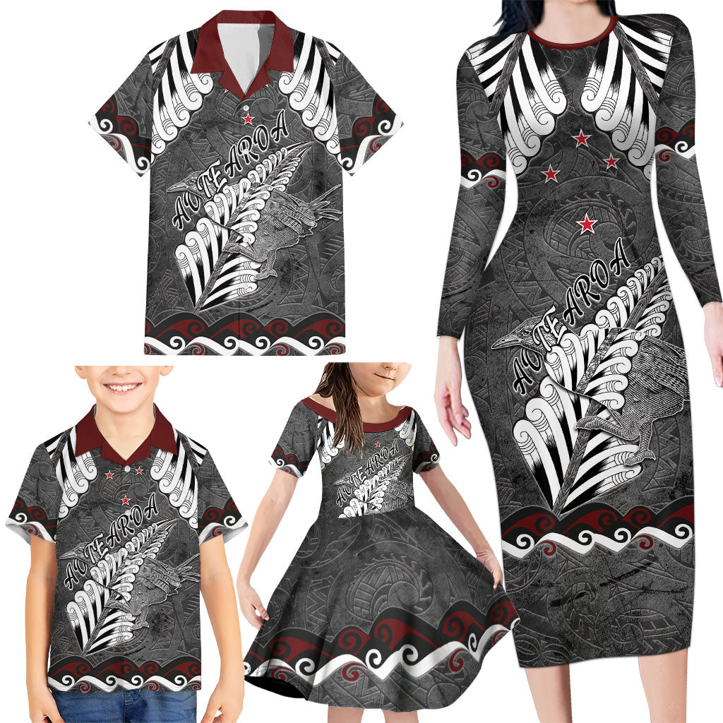 New Zealand Weka Personalised Family Matching Long Sleeve Bodycon Dress and Hawaiian Shirt Aotearoa Hen Silver Fern Maori Pattern