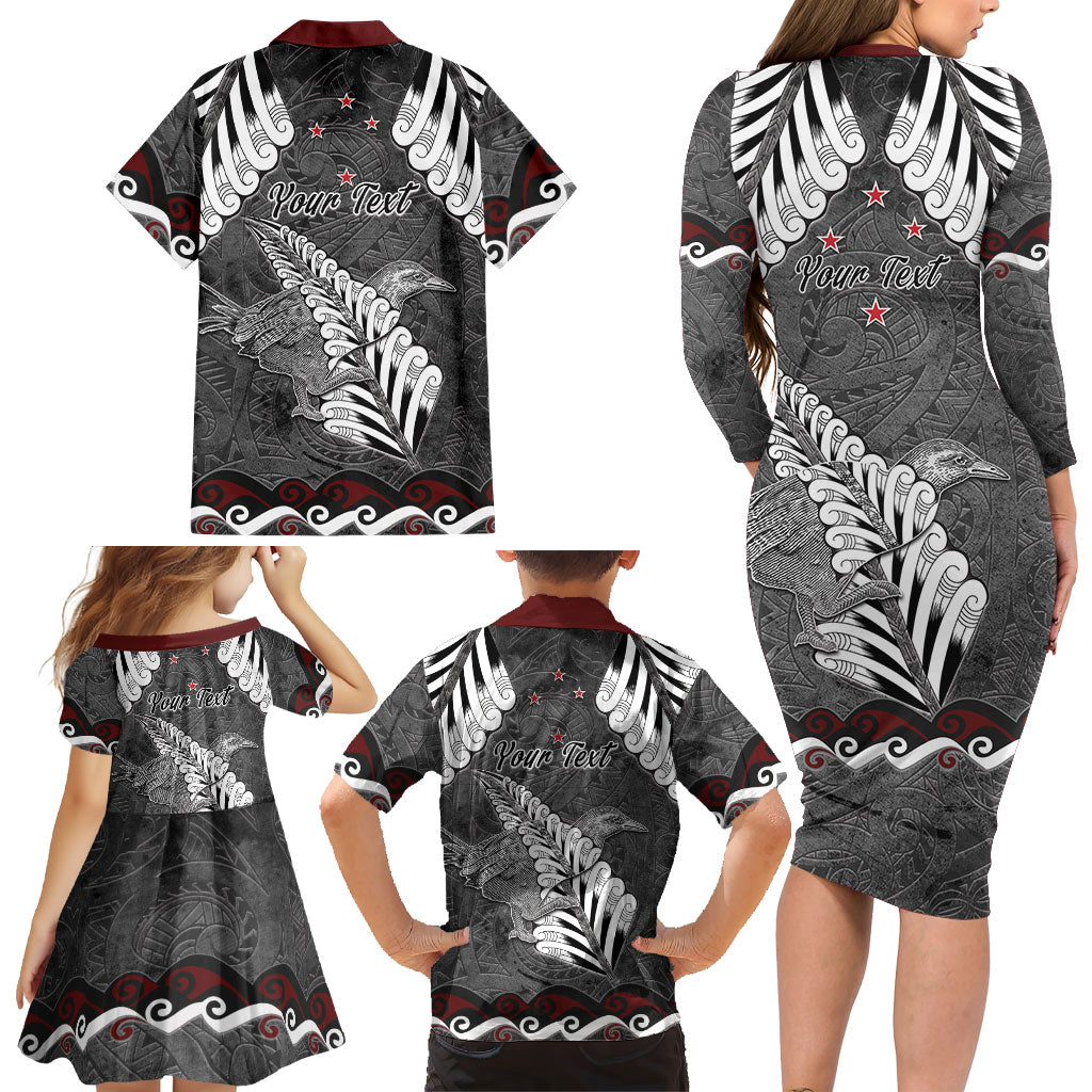 New Zealand Weka Personalised Family Matching Long Sleeve Bodycon Dress and Hawaiian Shirt Aotearoa Hen Silver Fern Maori Pattern LT22 - Polynesian Pride