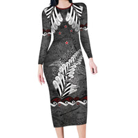 New Zealand Weka Personalised Family Matching Long Sleeve Bodycon Dress and Hawaiian Shirt Aotearoa Hen Silver Fern Maori Pattern LT22 Mom's Dress Black - Polynesian Pride