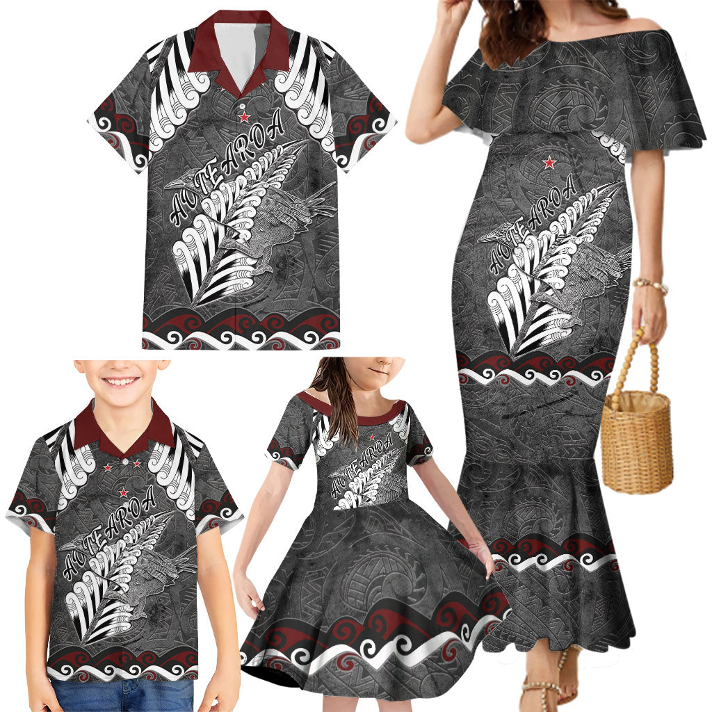 New Zealand Weka Personalised Family Matching Mermaid Dress and Hawaiian Shirt Aotearoa Hen Silver Fern Maori Pattern