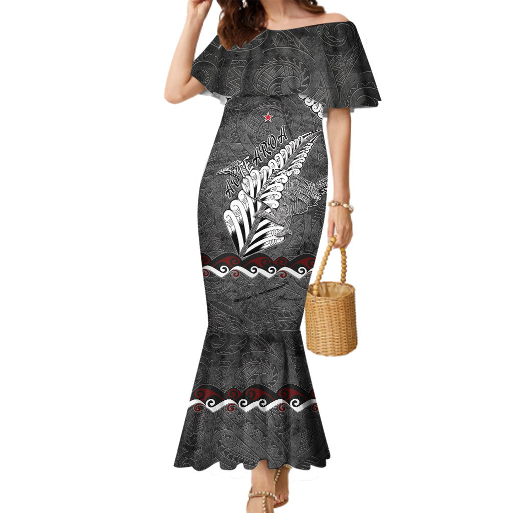 New Zealand Weka Personalised Family Matching Mermaid Dress and Hawaiian Shirt Aotearoa Hen Silver Fern Maori Pattern LT22 Mom's Dress Black - Polynesian Pride