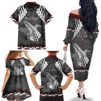 New Zealand Weka Personalised Family Matching Off The Shoulder Long Sleeve Dress and Hawaiian Shirt Aotearoa Hen Silver Fern Maori Pattern LT22 - Polynesian Pride