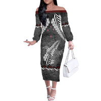 New Zealand Weka Personalised Family Matching Off The Shoulder Long Sleeve Dress and Hawaiian Shirt Aotearoa Hen Silver Fern Maori Pattern LT22 Mom's Dress Black - Polynesian Pride