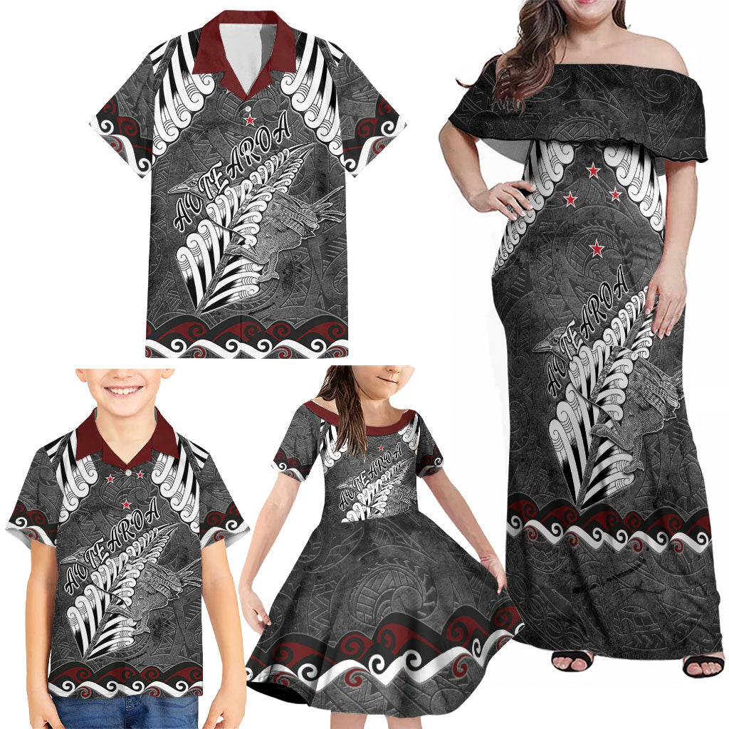 New Zealand Weka Personalised Family Matching Off Shoulder Maxi Dress and Hawaiian Shirt Aotearoa Hen Silver Fern Maori Pattern