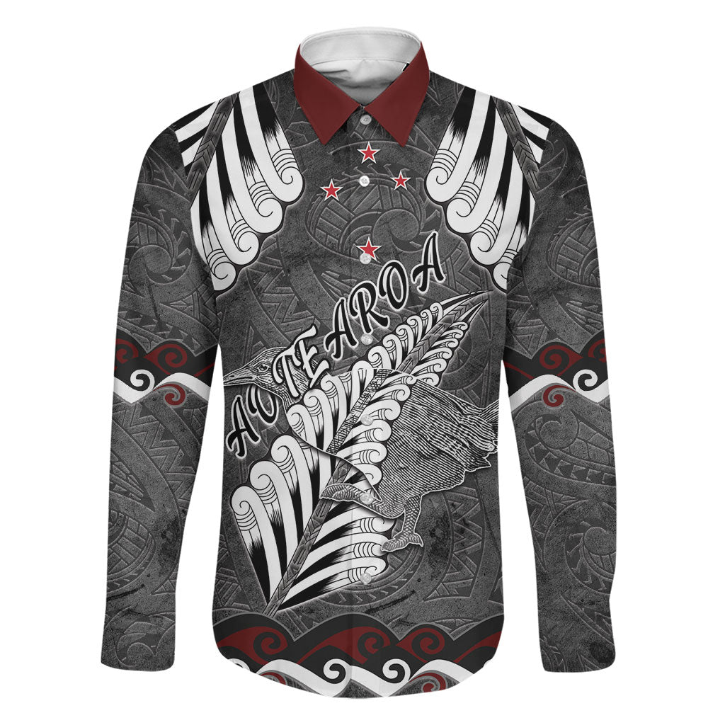 New Zealand Weka Personalised Family Matching Off Shoulder Maxi Dress and Hawaiian Shirt Aotearoa Hen Silver Fern Maori Pattern LT22 Dad's Shirt - Long Sleeve Black - Polynesian Pride