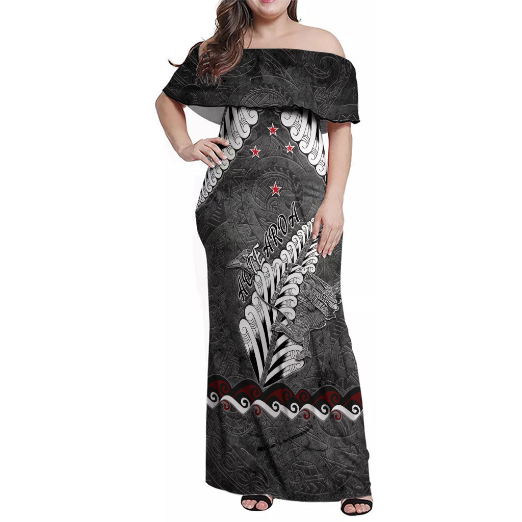 New Zealand Weka Personalised Family Matching Off Shoulder Maxi Dress and Hawaiian Shirt Aotearoa Hen Silver Fern Maori Pattern LT22 Mom's Dress Black - Polynesian Pride