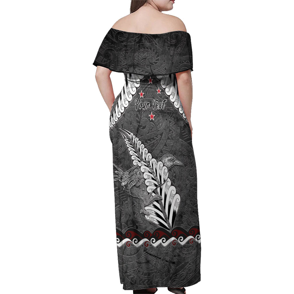 New Zealand Weka Personalised Family Matching Off Shoulder Maxi Dress and Hawaiian Shirt Aotearoa Hen Silver Fern Maori Pattern LT22 - Polynesian Pride