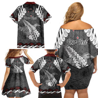 New Zealand Weka Personalised Family Matching Off Shoulder Short Dress and Hawaiian Shirt Aotearoa Hen Silver Fern Maori Pattern LT22 - Polynesian Pride