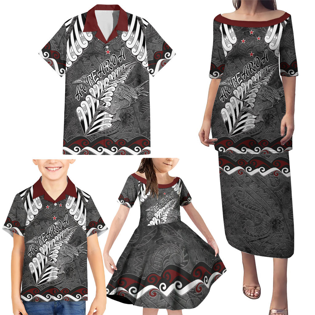 New Zealand Weka Personalised Family Matching Puletasi and Hawaiian Shirt Aotearoa Hen Silver Fern Maori Pattern LT22 - Polynesian Pride