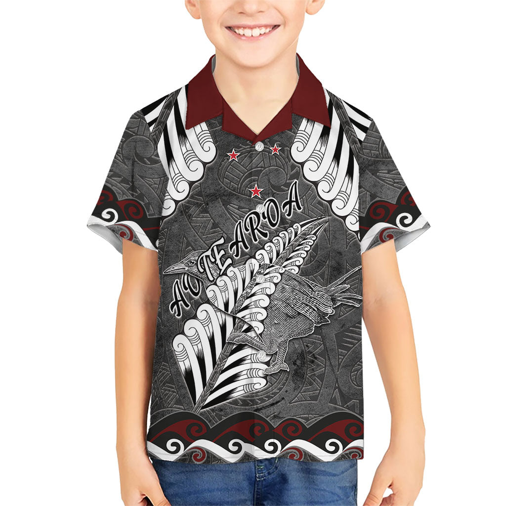 New Zealand Weka Personalised Family Matching Puletasi and Hawaiian Shirt Aotearoa Hen Silver Fern Maori Pattern LT22 Son's Shirt Black - Polynesian Pride