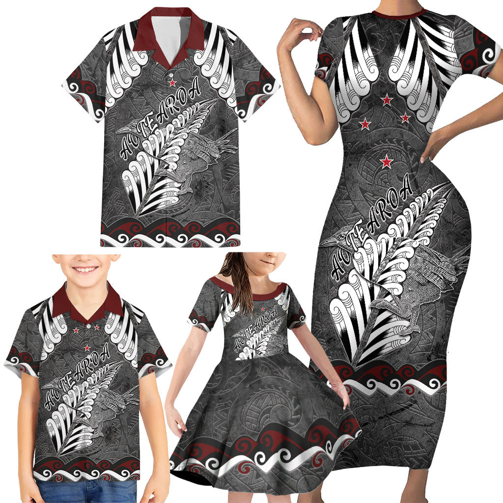 New Zealand Weka Personalised Family Matching Short Sleeve Bodycon Dress and Hawaiian Shirt Aotearoa Hen Silver Fern Maori Pattern LT22 - Polynesian Pride