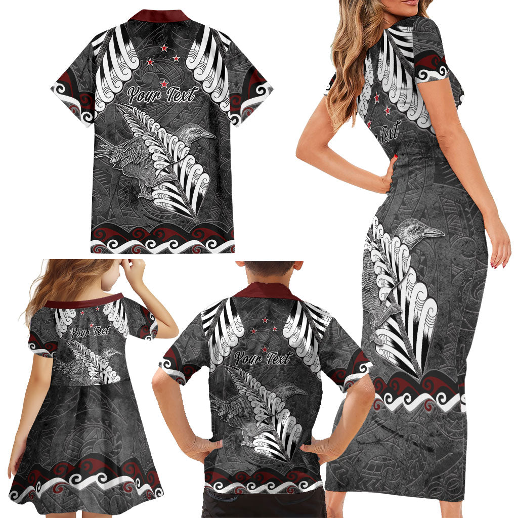 New Zealand Weka Personalised Family Matching Short Sleeve Bodycon Dress and Hawaiian Shirt Aotearoa Hen Silver Fern Maori Pattern LT22 - Polynesian Pride