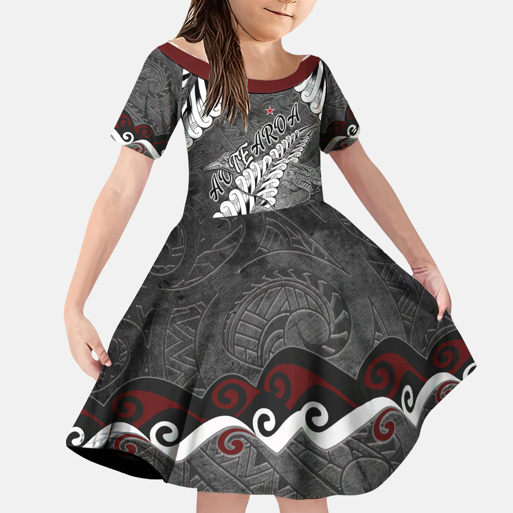 New Zealand Weka Personalised Family Matching Tank Maxi Dress and Hawaiian Shirt Aotearoa Hen Silver Fern Maori Pattern LT22 Daughter's Dress Black - Polynesian Pride