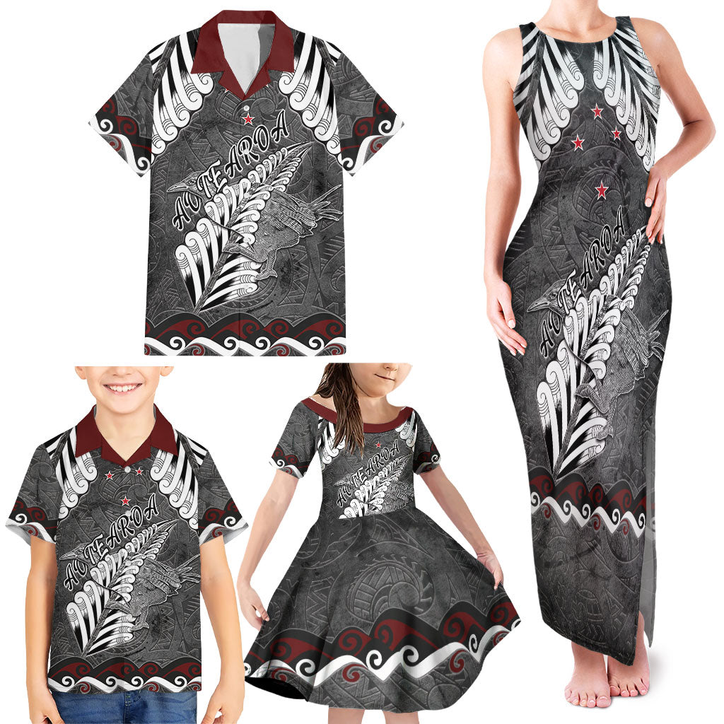 New Zealand Weka Personalised Family Matching Tank Maxi Dress and Hawaiian Shirt Aotearoa Hen Silver Fern Maori Pattern LT22 - Polynesian Pride