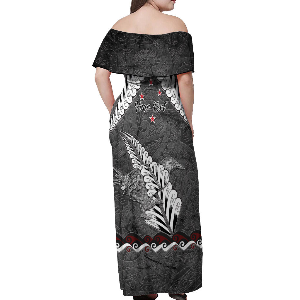 New Zealand Weka Personalised Off Shoulder Maxi Dress Aotearoa Hen Silver Fern Maori Pattern