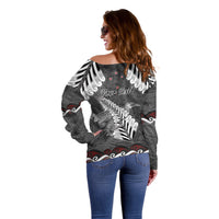 New Zealand Weka Personalised Off Shoulder Sweater Aotearoa Hen Silver Fern Maori Pattern