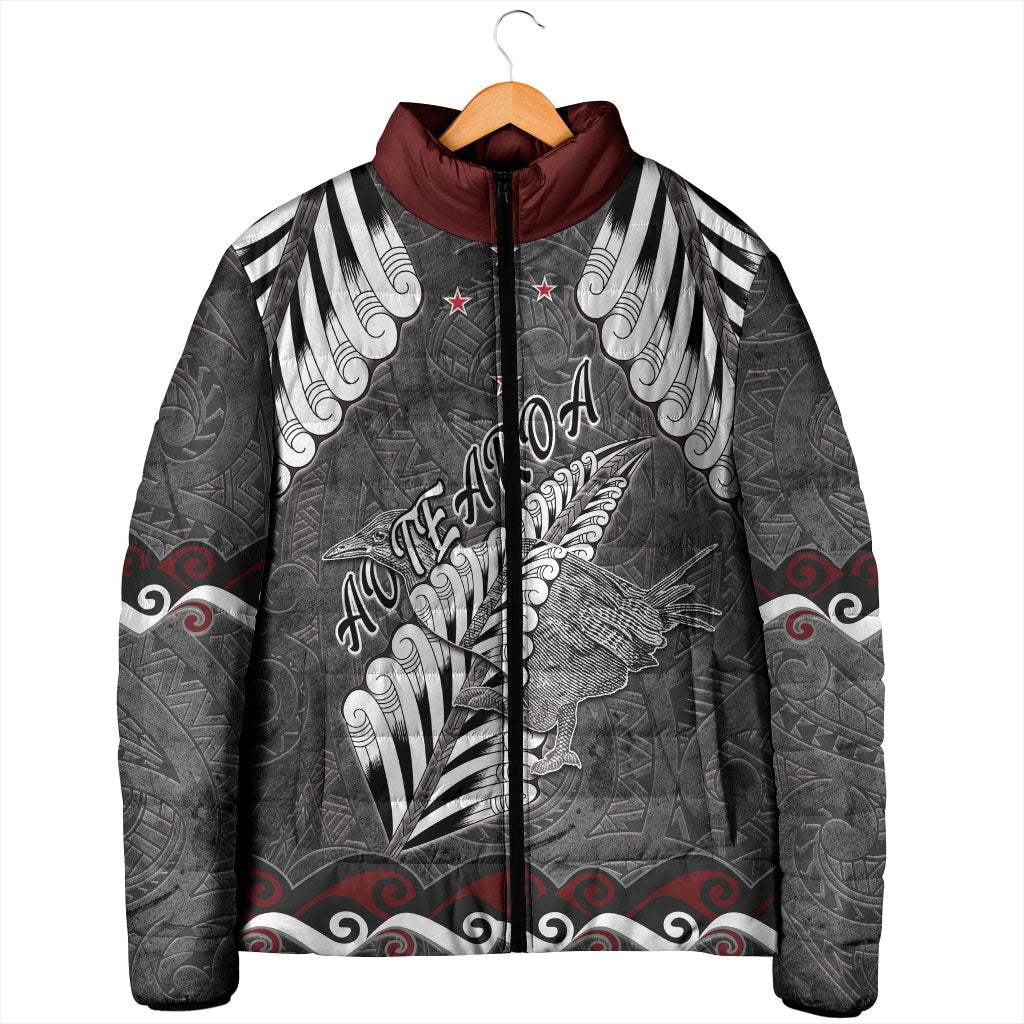 New Zealand Weka Personalised Padded Jacket Aotearoa Hen Silver Fern Maori Pattern