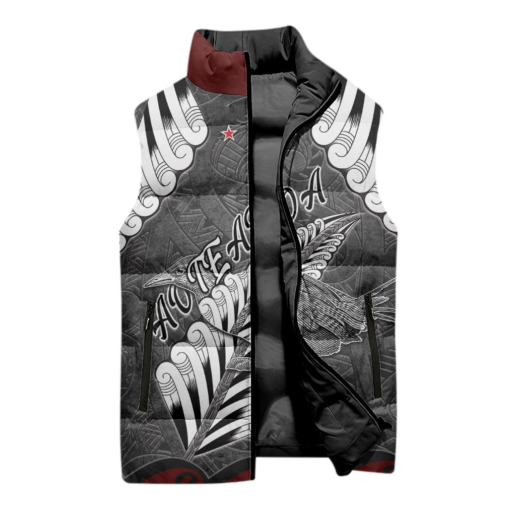 New Zealand Weka Personalised Sleeveless Puffer Jacket Aotearoa Hen Silver Fern Maori Pattern