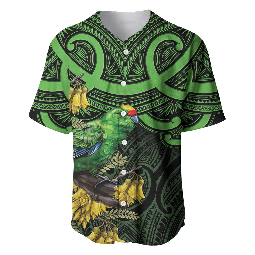 New Zealand Parakeet Bird Baseball Jersey Maori Kakariki Kowhai Maori Pattern LT22 Green - Polynesian Pride