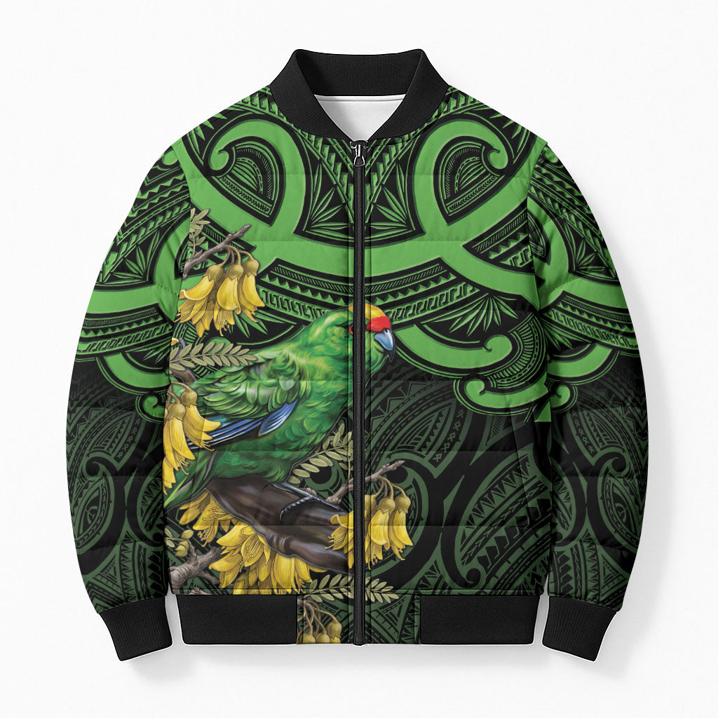 New Zealand Parakeet Bird Bomber Puffer Jacket Maori Kakariki Kowhai Maori Pattern LT22 Unisex Green - Polynesian Pride