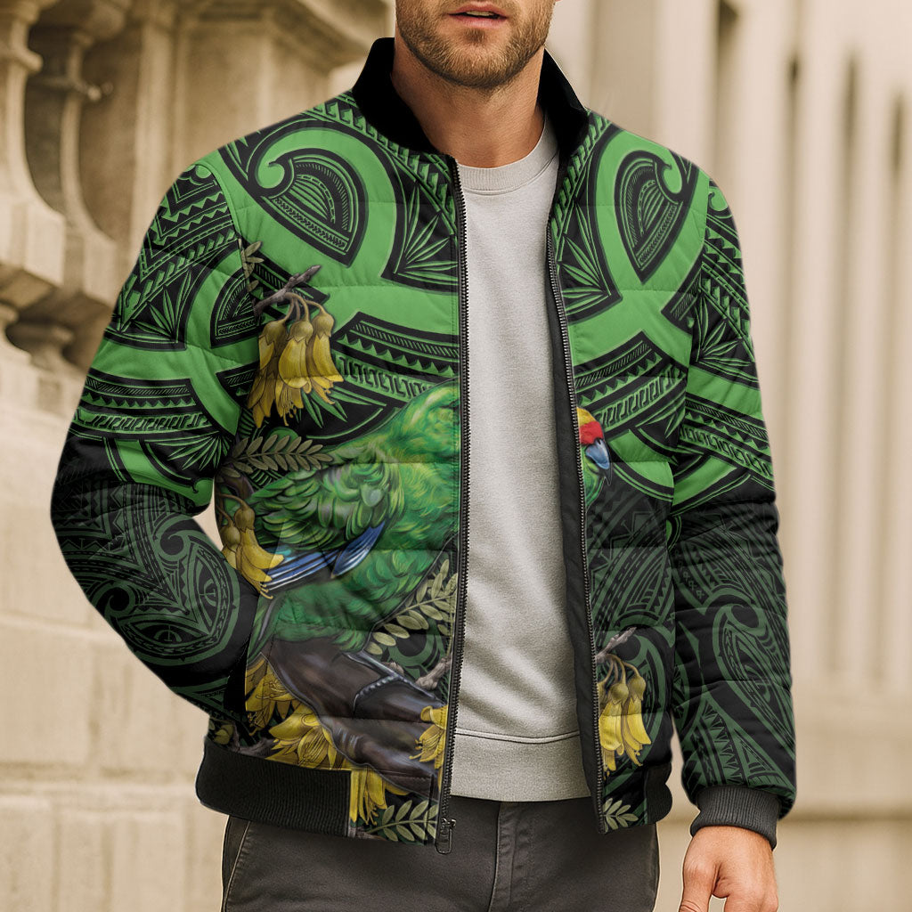 New Zealand Parakeet Bird Bomber Puffer Jacket Maori Kakariki Kowhai Maori Pattern