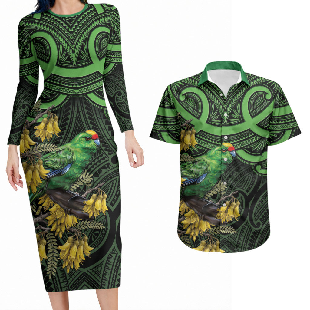New Zealand Parakeet Bird Couples Matching Long Sleeve Bodycon Dress and Hawaiian Shirt Maori Kakariki Kowhai Maori Pattern LT22 Green - Polynesian Pride