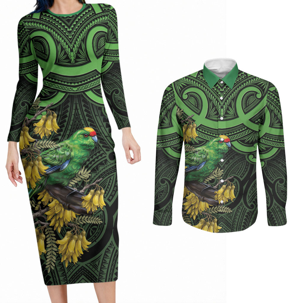 New Zealand Parakeet Bird Couples Matching Long Sleeve Bodycon Dress and Long Sleeve Button Shirt Maori Kakariki Kowhai Maori Pattern