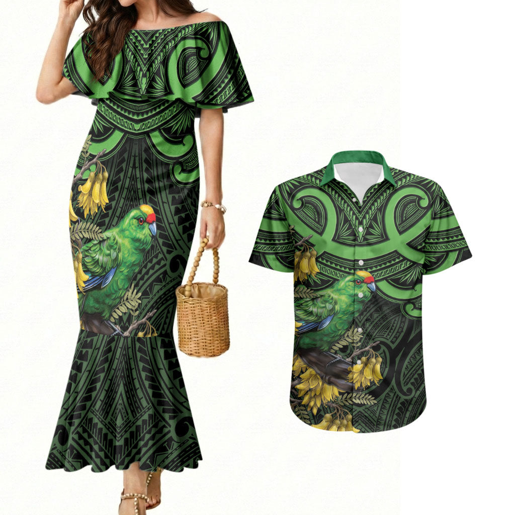 New Zealand Parakeet Bird Couples Matching Mermaid Dress and Hawaiian Shirt Maori Kakariki Kowhai Maori Pattern LT22 Green - Polynesian Pride