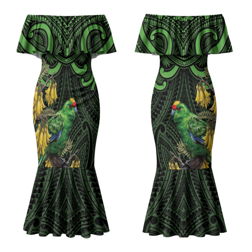 New Zealand Parakeet Bird Couples Matching Mermaid Dress and Hawaiian Shirt Maori Kakariki Kowhai Maori Pattern