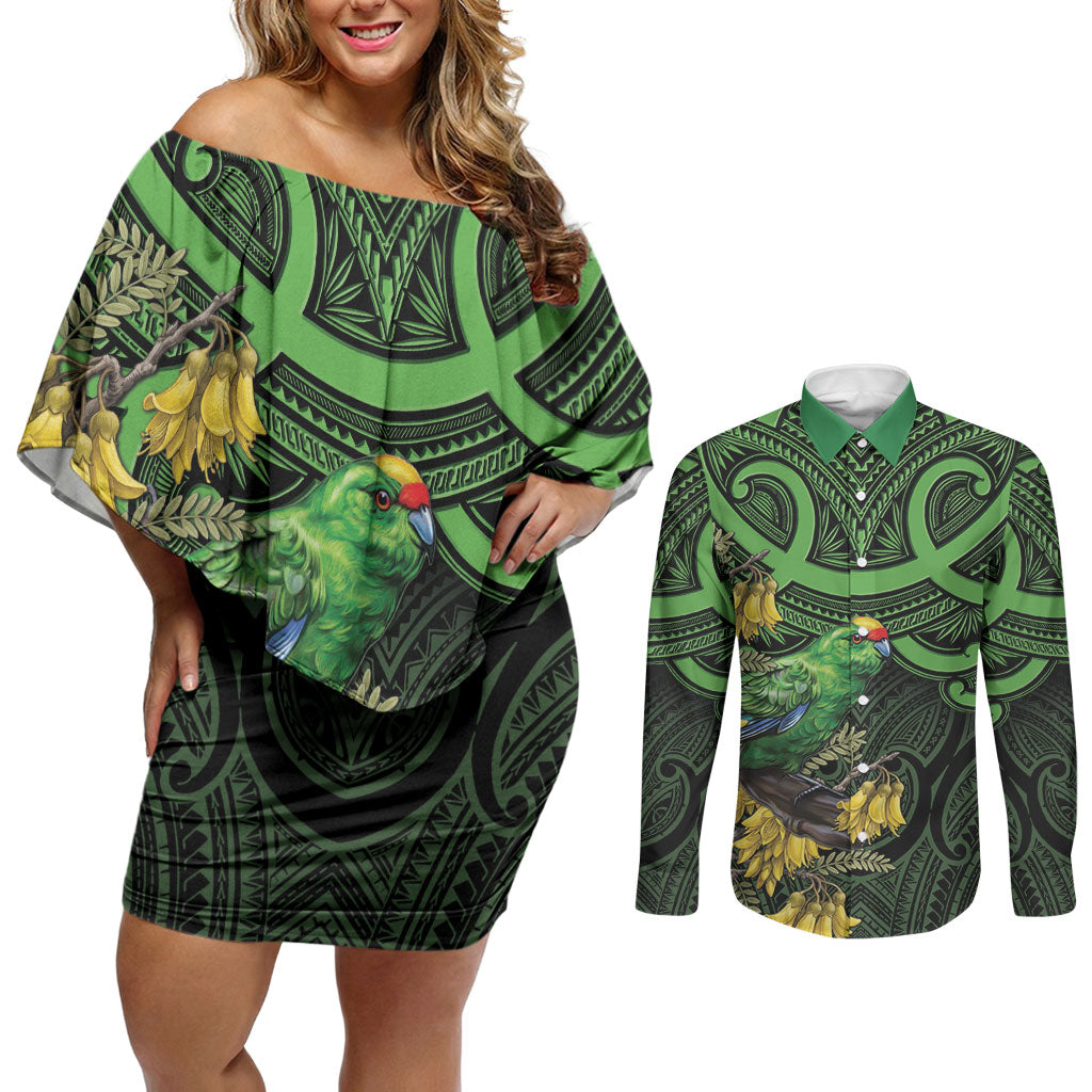 New Zealand Parakeet Bird Couples Matching Off Shoulder Short Dress and Long Sleeve Button Shirt Maori Kakariki Kowhai Maori Pattern LT22 Green - Polynesian Pride