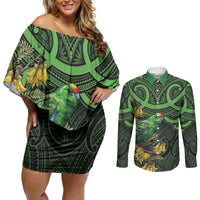 New Zealand Parakeet Bird Couples Matching Off Shoulder Short Dress and Long Sleeve Button Shirt Maori Kakariki Kowhai Maori Pattern