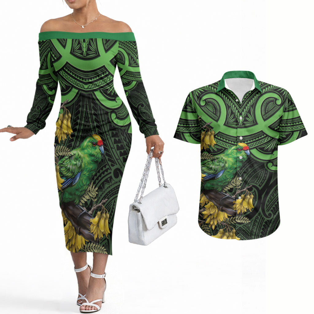 New Zealand Parakeet Bird Couples Matching Off The Shoulder Long Sleeve Dress and Hawaiian Shirt Maori Kakariki Kowhai Maori Pattern LT22 Green - Polynesian Pride