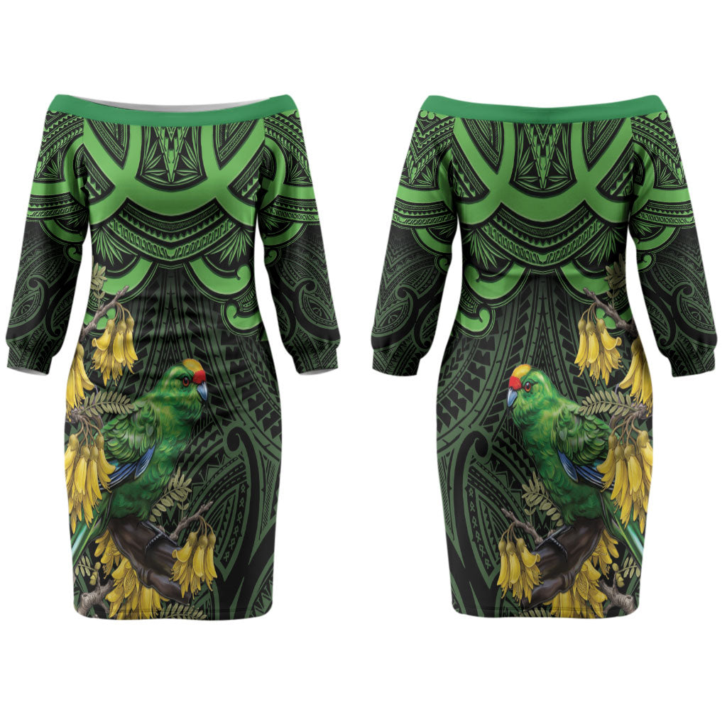 New Zealand Parakeet Bird Couples Matching Off The Shoulder Long Sleeve Dress and Hawaiian Shirt Maori Kakariki Kowhai Maori Pattern